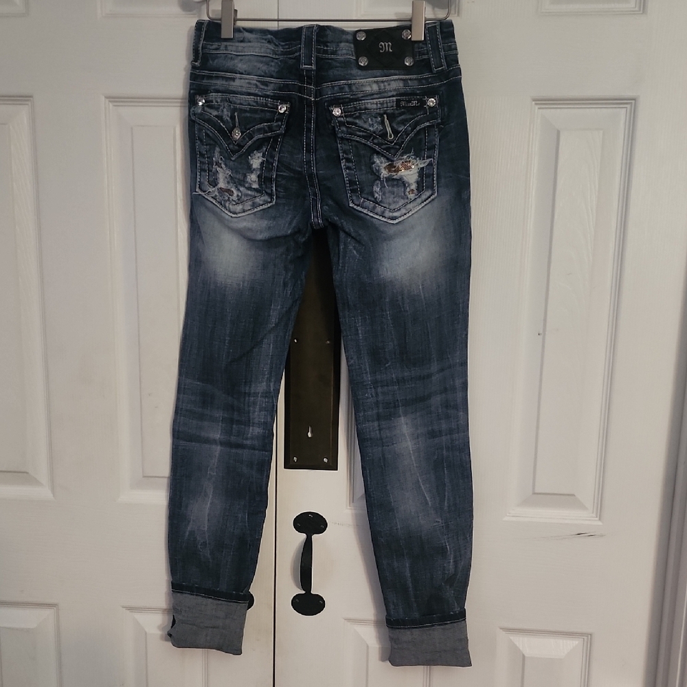 Miss Me Distressed Signature Rise Cuffed Skinny Blue Jeans Size: 27 - Picture 4 of 13